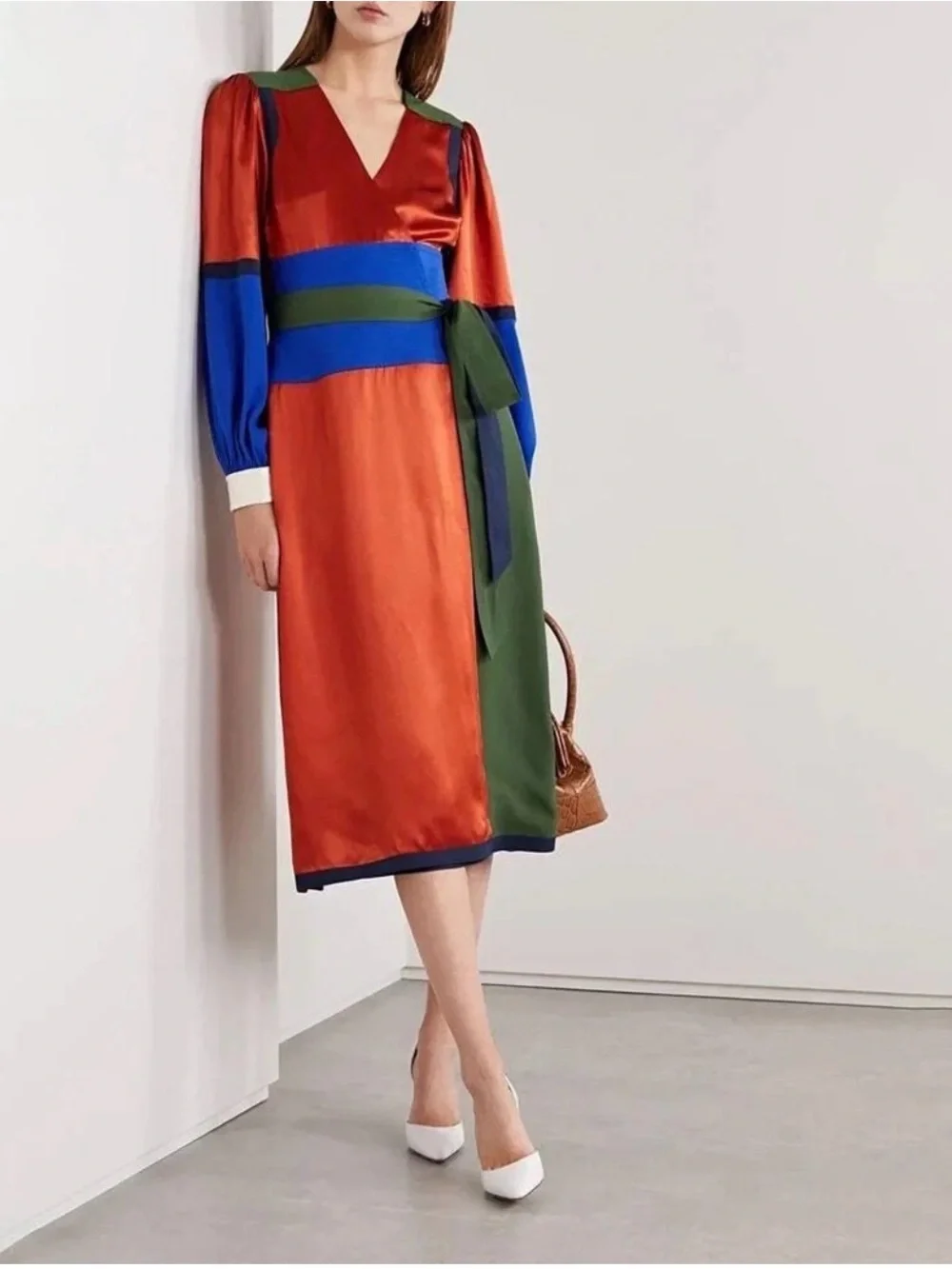 Tory Burch Kola Colorblock Silk Blend Satin Crepe Wrap Dress Sz 4-$698